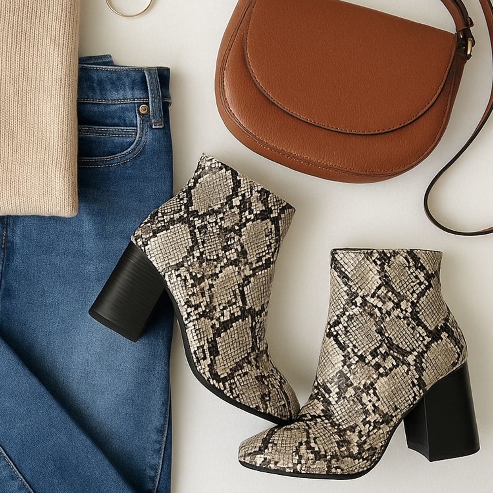 New no Box Nordstrom Vegan Leather Boots 6 Snake Print Cream Brown Ankle Booties